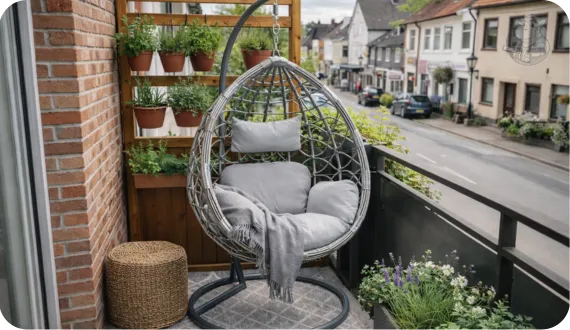 fotel wiszący HIPPER. CAPRI na standardowym balkonie w bloku